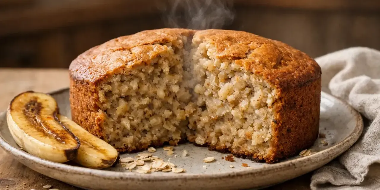 Gâteau moelleux à la banane et flocons d'avoine, encore chaud. Une délicieuse recette pour le petit-déjeuner ou le goûter.