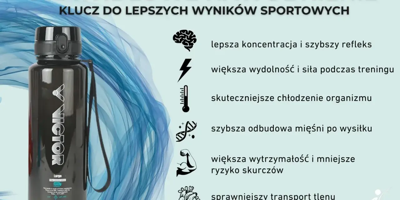 Czarna butelka Victor i ikony ilustrujące korzyści z prawidłowego nawodnienia: lepsza koncentracja, wydolność, chłodzenie, regeneracja, wytrzymałość i transport tlenu. TBW.