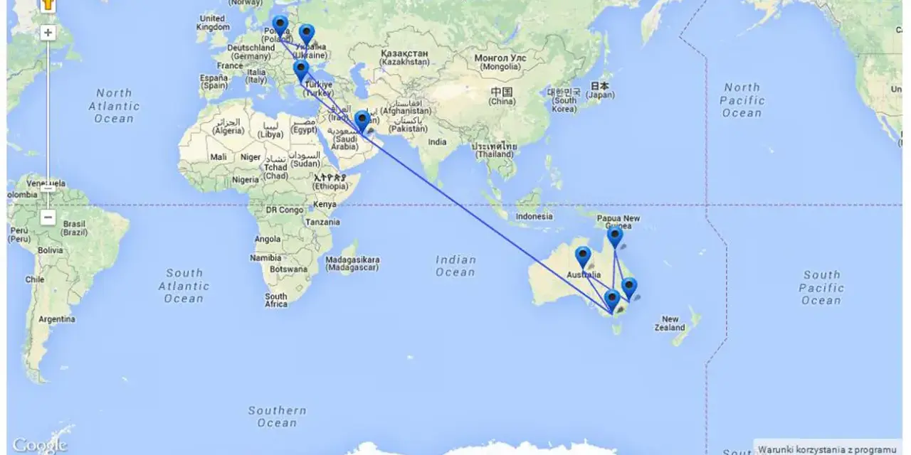 Trasa lotnicza z Europy do Australii. Zobacz, ile się leci do Australii, pokonując 40537 km.