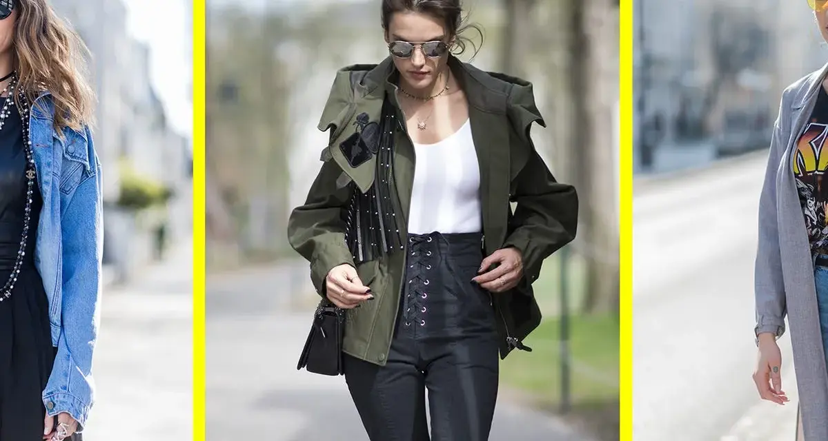 Tre donne sfoggiano un outfit casual: giacca di jeans, giacca verde militare e cappotto lungo grigio.