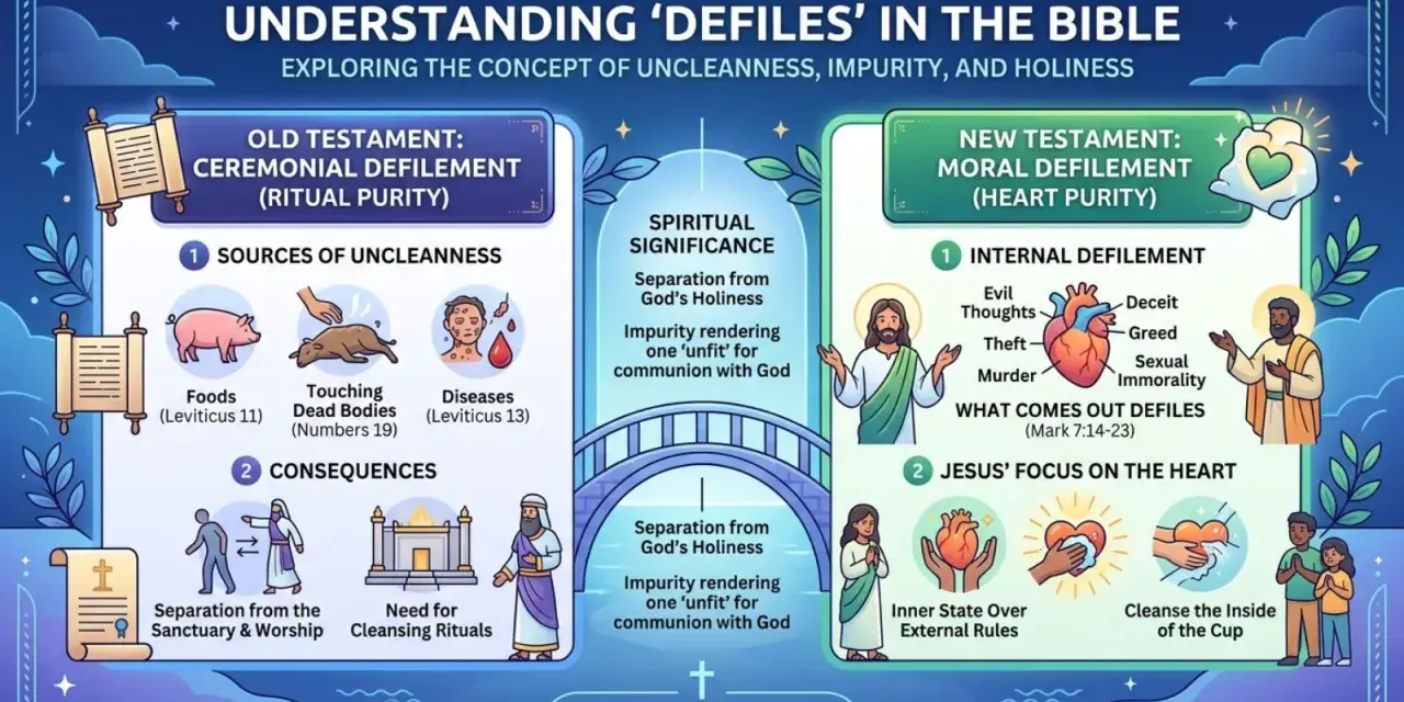 Biblical teachings on defilement: Old Testament ceremonial vs. New Testament moral defilement, showing sources and consequences.