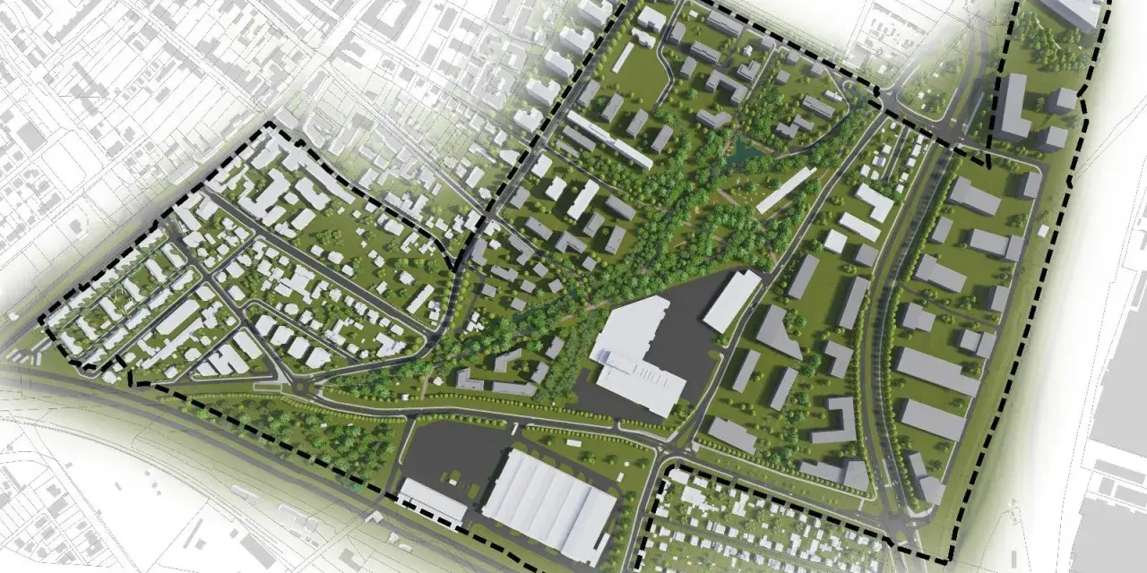 Wizualizacja urbanistyczna z zaznaczonym obszarem zabudowy i rozległym pasem zieleni, tworzącym serce projektu.