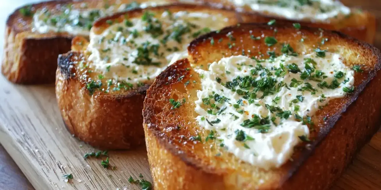 Geröstetes Schwarzbrot mit Frischkäse und Kräutern, perfekt zum Frühstück oder als Snack.