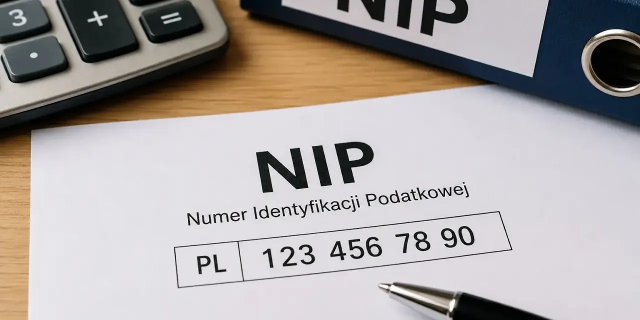 Numer identyfikacji podatkowej, czyli NIP, to ważny dokument. Na zdjęciu widać formularz z numerem NIP, kalkulator i segregator z napisem NIP.
