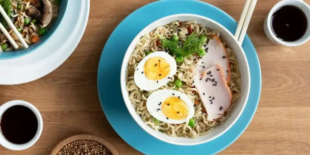Miseczka z tantanmen, makaronem, jajkiem na twardo, plastrami mięsa i zielonymi warzywami, obok sosu sojowego i pałeczek.