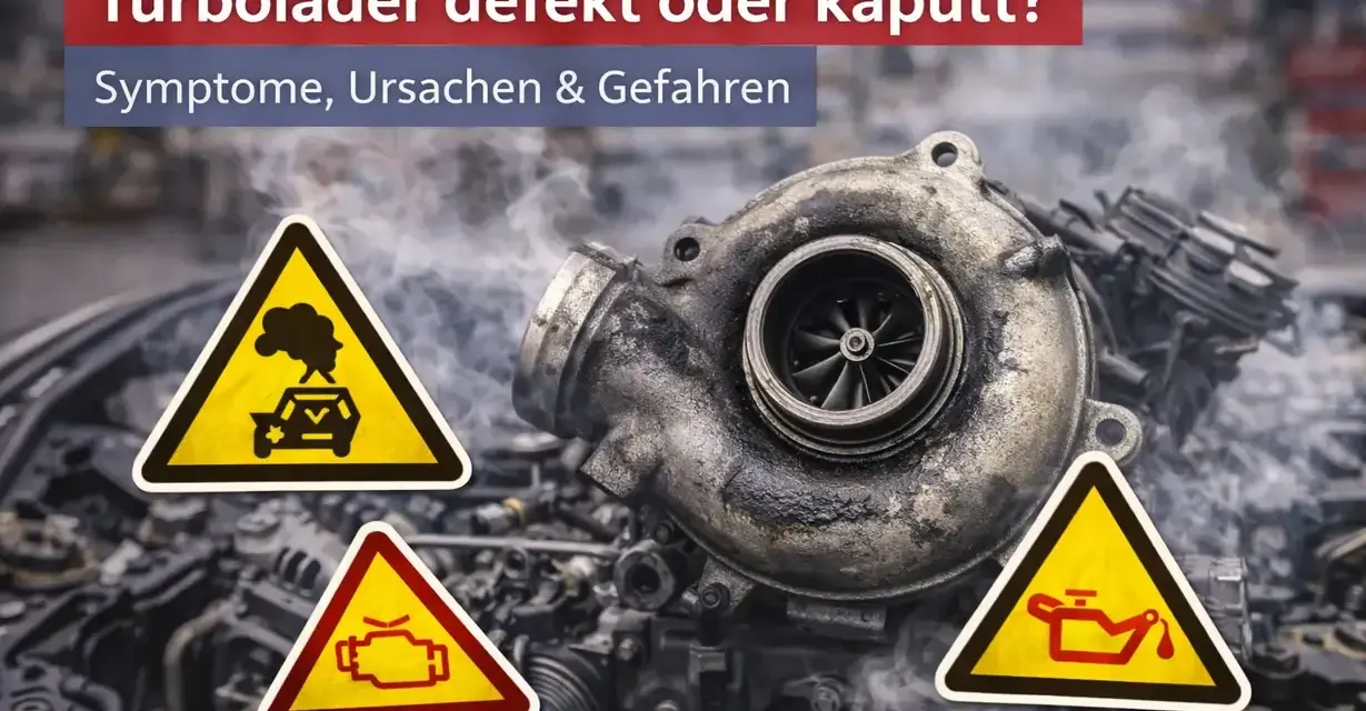 Ein defekter Turbolader mit Warnsymbolen: Rauch aus dem Auspuff, Motorkontrollleuchte und Ölverlust. Ursachen für einen Turbolader defekt sind vielfältig.