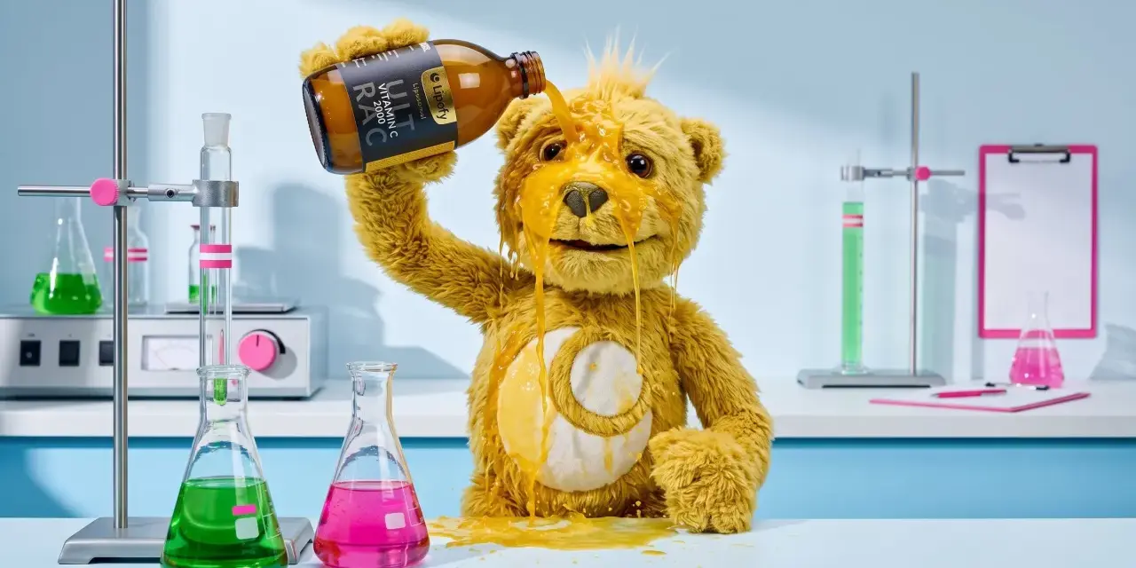 Ein Teddybär kippt eine Flasche Vitamin C über sich. Das ist wohl zu viel Vitamin C!