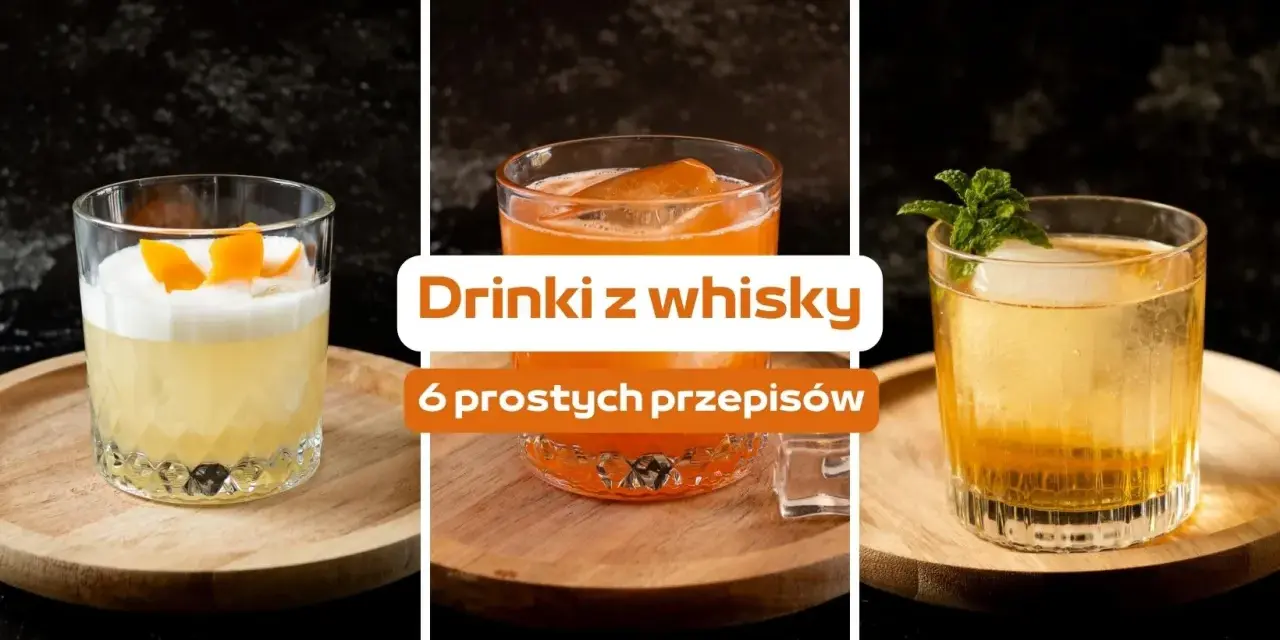 Trzy drinki z whisky: jeden z pianką i skórką pomarańczy, drugi pomarańczowy z lodem, trzeci złoty z miętą.