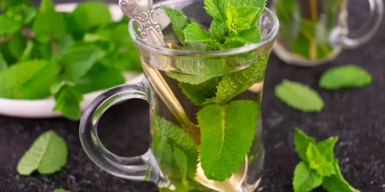 Aromatyczna herbata marokańska z mnóstwem świeżej mięty w szklance z ozdobną łyżeczką.