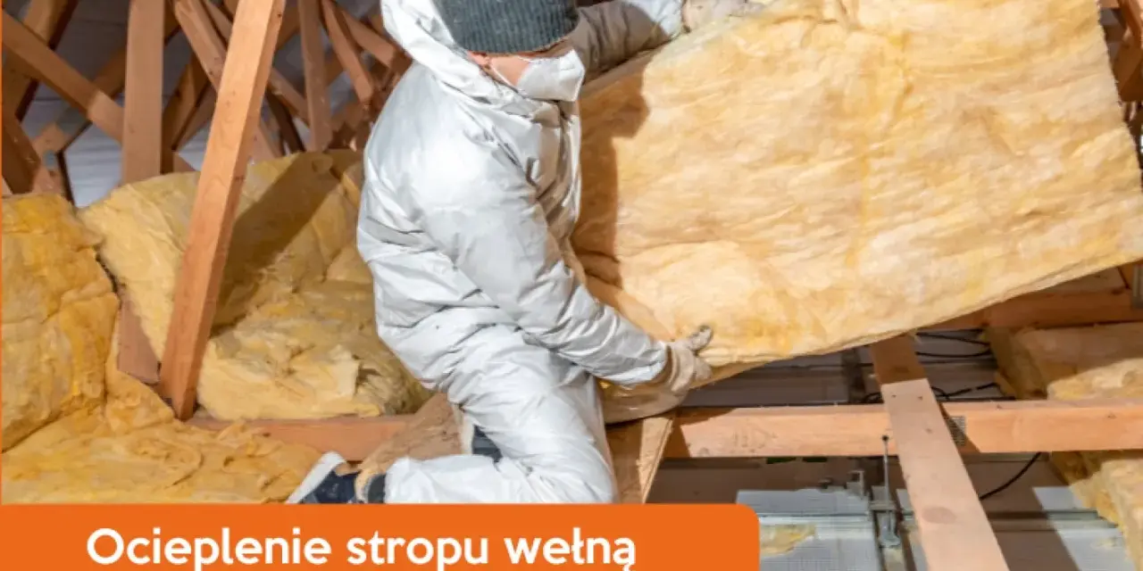 Ocieplenie stropu betonowego wełną mineralną. Pracownik w kombinezonie montuje izolację w poddaszu.