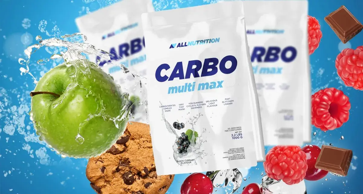 Opakowania odżywki CARBO multi max, zielone jabłko, ciastko z czekoladą, maliny i kostki lodu.