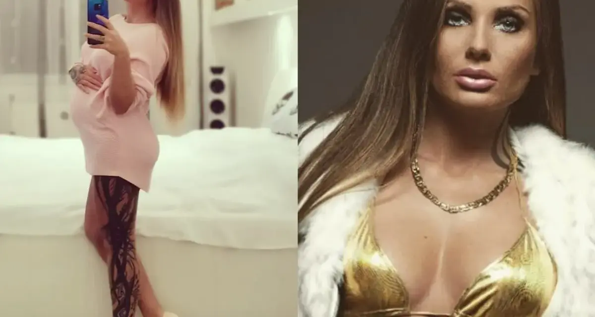 Schwesta Ewa w różowej sukience i z tatuażem na nodze, obok w złotym bikini i białym futrze.