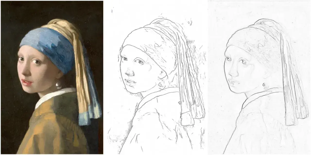 Retrato con líneas de la joven de la perla, mostrando la obra original y dos interpretaciones en boceto.