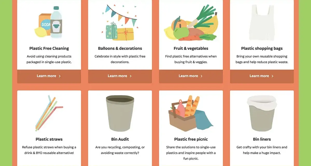Eight cards offer tips for reducing plastic waste, from cleaning supplies to bin liners, promoting alternatives to heavy duty plastic.