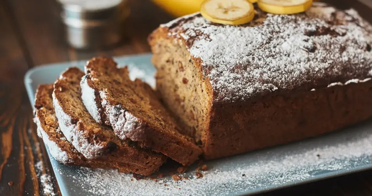 Wilgotne ciasto bananowe, posypane cukrem pudrem, z plasterkami banana na wierzchu, prezentuje się apetycznie na talerzu.