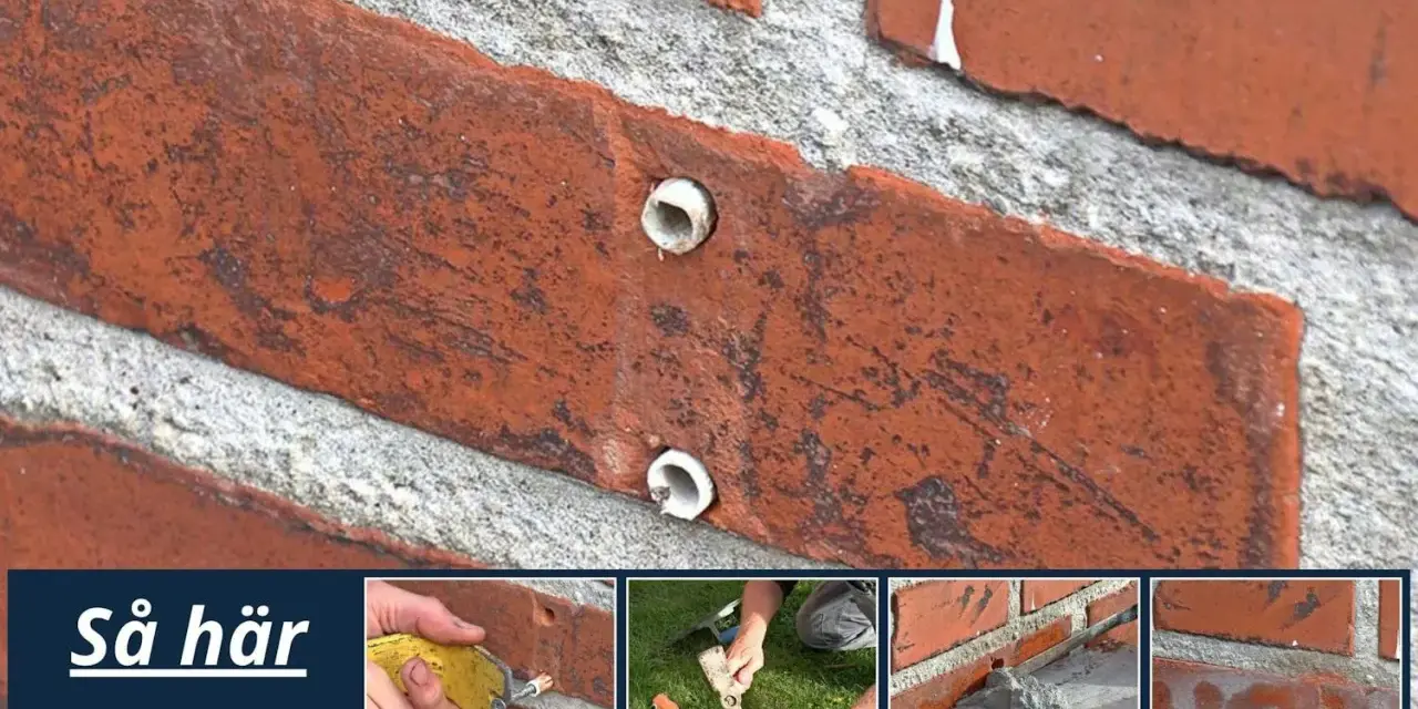 Så här lagar du mur utomhus. Bilden visar steg för att laga en tegelvägg utomhus, med fokus på att reparera sprickor och fogar.