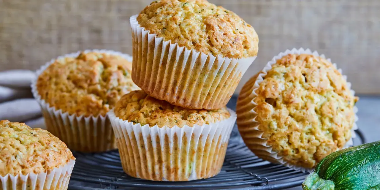 Saftige zucchini-muffins auf einem Gitter, daneben eine frische Zucchini.