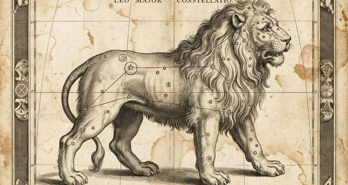 Lew Major Constellatio, z gwiazdami tworzącymi jego sylwetkę. Lew, jako znak zodiaku, symbolizuje ogień, siłę i odwagę.