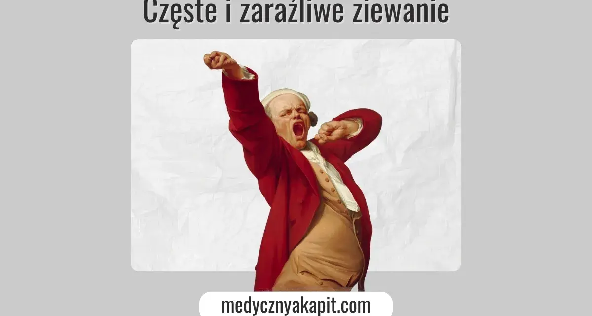 Człowiek w czerwonym płaszczu ziewając, jakby nie mógł złapać pełnego oddechu. Ziewanie jest zaraźliwe.