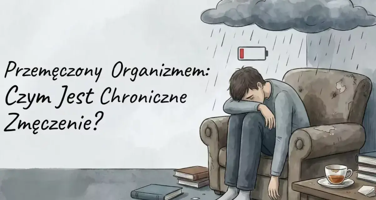 Chłopak siedzi przygnębiony w fotelu pod deszczową chmurą z ikoną rozładowanej baterii. To obraz objawów przemęczenia.