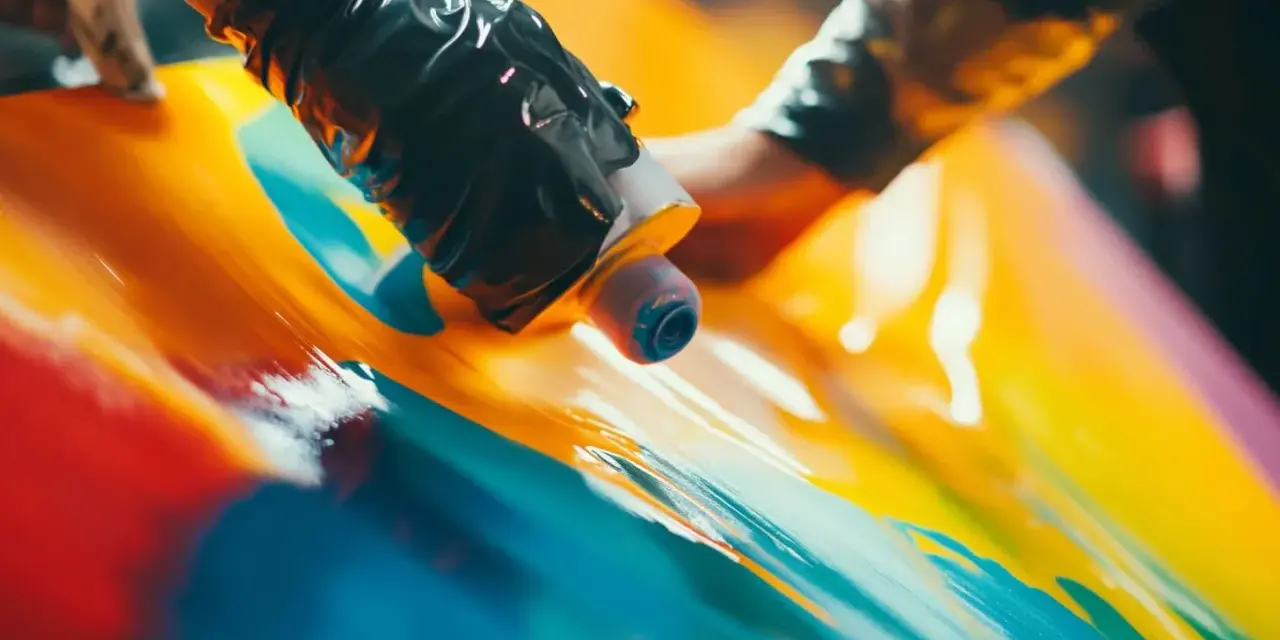 Hands in black gloves apply vibrant acrylic paint to a glossy surface, demonstrating how to paint acrylic plastic with a fluid art technique.