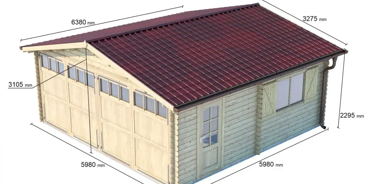 Struttura in legno con tetto rosso, ideale per un garage doppio. Dimensioni: 6380x5980 mm, altezza 3275 mm.