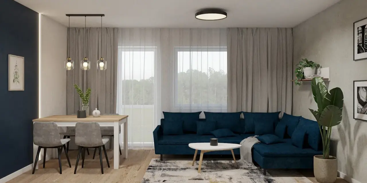 Nowoczesny salon z granatową kanapą i jadalnią. Dowiedz się, jak rozmieścić oświetlenie w salonie, by stworzyć przytulną atmosferę.