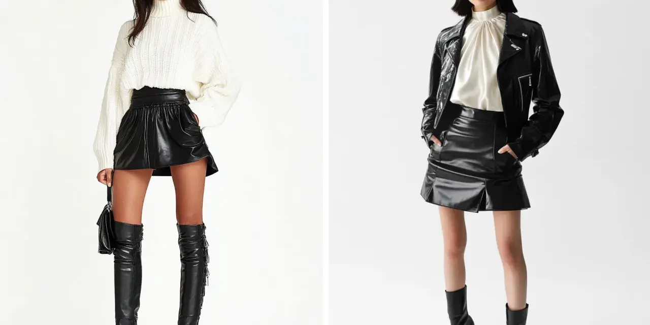 Dos modelos lucen un conjunto de camisa y falda corta de cuero negro. Una lleva un jersey blanco de cuello alto y botas altas. La otra, una chaqueta de cuero y botines.