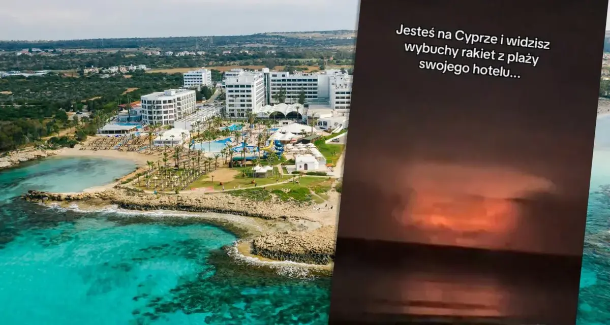 Widok na kurort na Cyprze z plażą i morzem. Nałożony tekst sugeruje, czy Cypr jest bezpieczny, pokazując wybuchy rakiet.