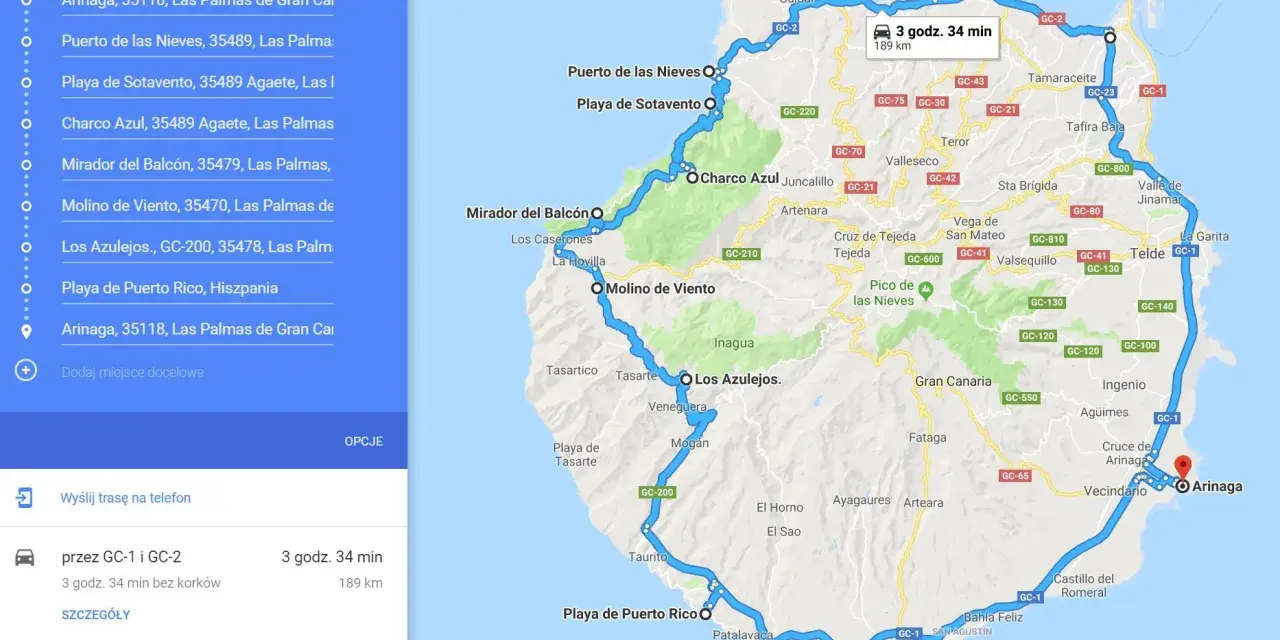 Trasa na Gran Canarii, gdzie jest Arinaga, prowadzi przez malownicze wybrzeże i góry, zajmując 3h 34 min.