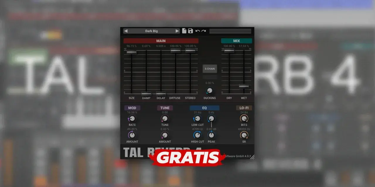Interfejs wtyczki TAL Reverb 4 z suwakami i pokrętłami do kształtowania dźwięku. Napis "GRATIS" na czerwonym tle.