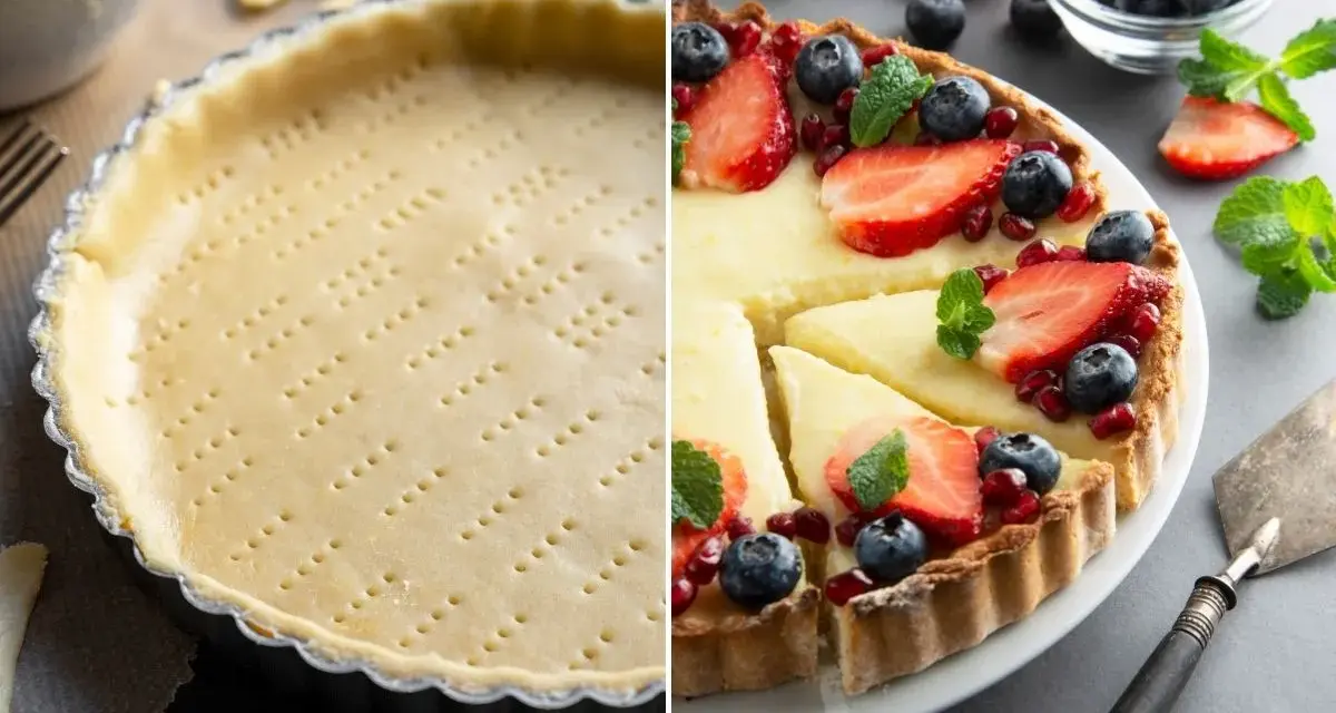 Base de masa quebrada lista para hornear y tarta de frutas frescas. Ideas para recetas con masa quebrada.