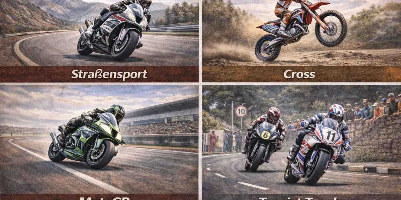Quattro scene di corse di motociclistiche: sport su strada, cross, MotoGP e Tourist Trophy.