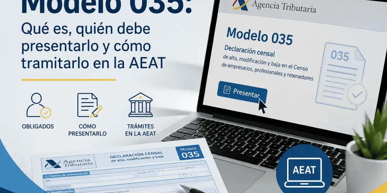 Información sobre el **modelo 035**: quién debe presentarlo, cómo hacerlo y los trámites en la AEAT. Se muestra un formulario y una pantalla de ordenador.