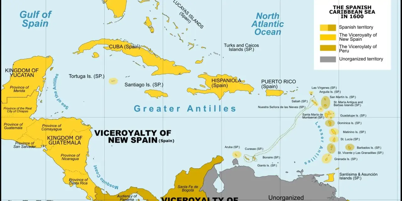 Mapa pokazuje, gdzie leżą Karaiby w 1600 roku, z zaznaczonymi terytoriami Hiszpanii, wicekrólestwami Nowej Hiszpanii i Peru.