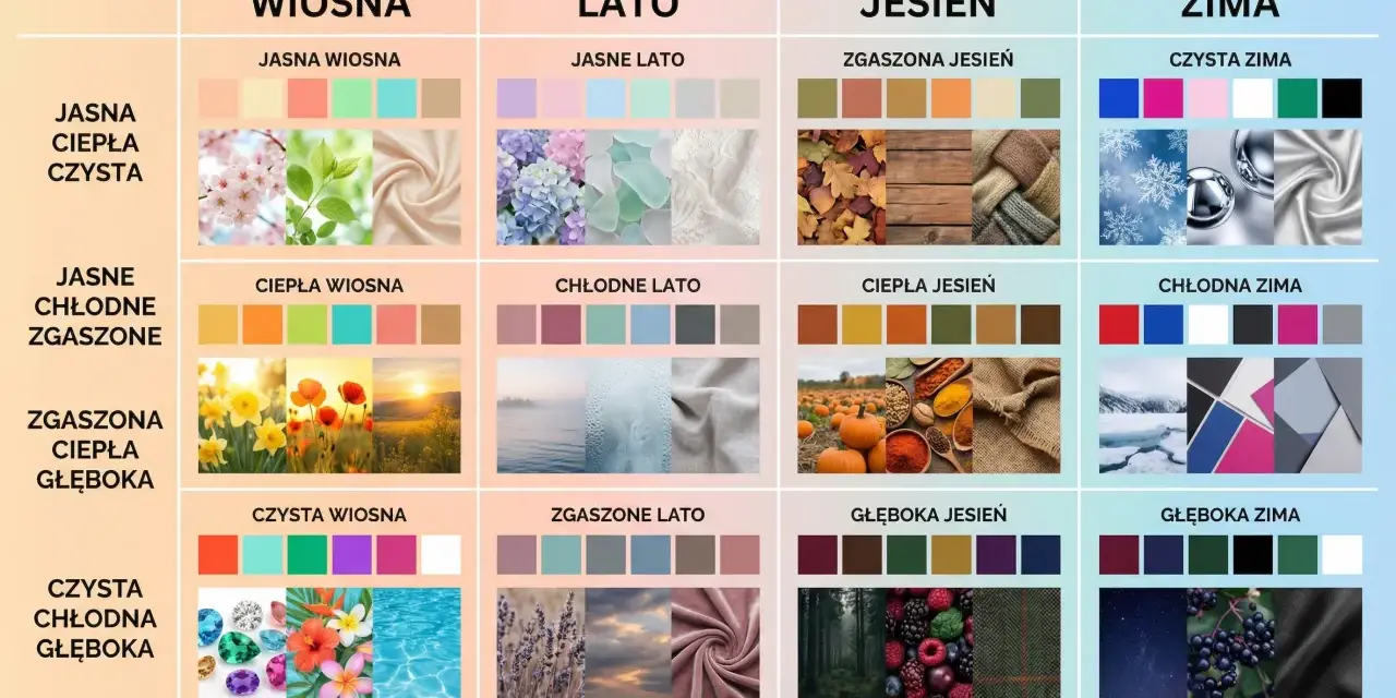 Paleta barw dla typów urody: wiosna, lato, jesień, zima. Zimne kolory dominują w typach lato i zima, od pastelowych po głębokie odcienie.