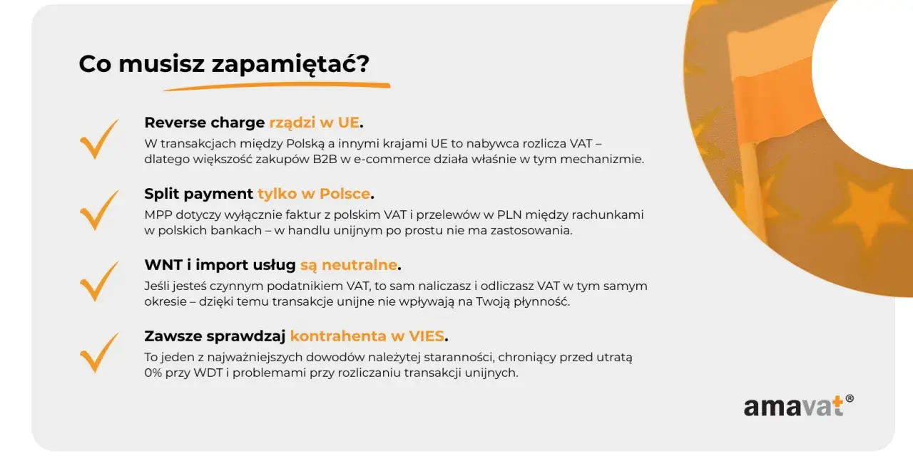 Co musisz zapamiętać? Reverse charge w UE, split payment tylko w Polsce. WNT i import usług neutralne. Zawsze sprawdzaj kontrahenta w VIES.