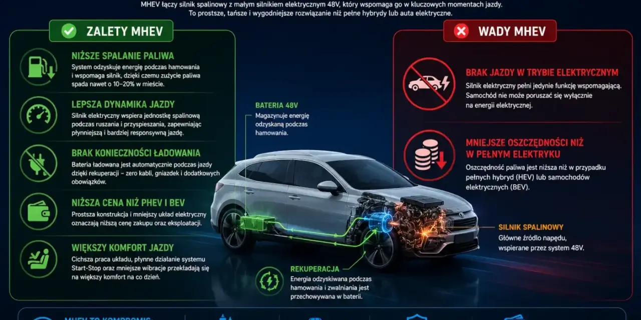Miękka hybryda (MHEV) to kompromis: silnik spalinowy wspierany przez elektryczny 48V. Niższe spalanie, lepsza dynamika, brak ładowania. Idealna do miasta.