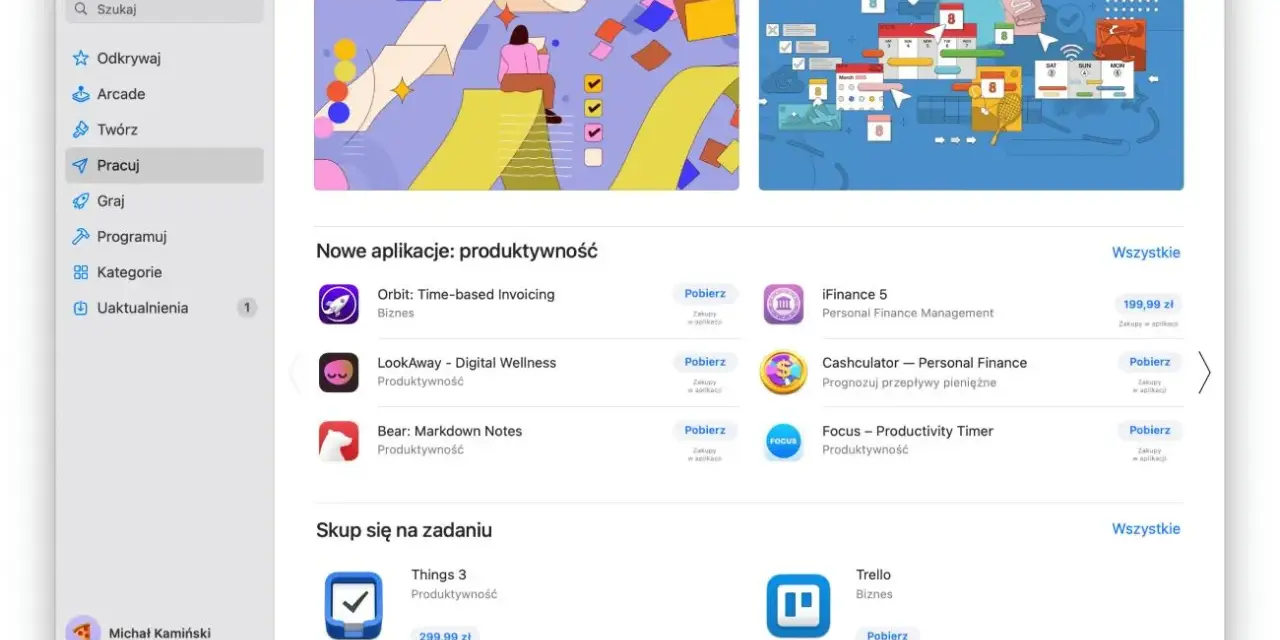 Ekran aplikacji Mac z sekcją "Pracuj", gdzie można znaleźć programy do produktywności. Jeśli chcesz dowiedzieć się, jak odinstalować aplikacje, szukaj ich tutaj.