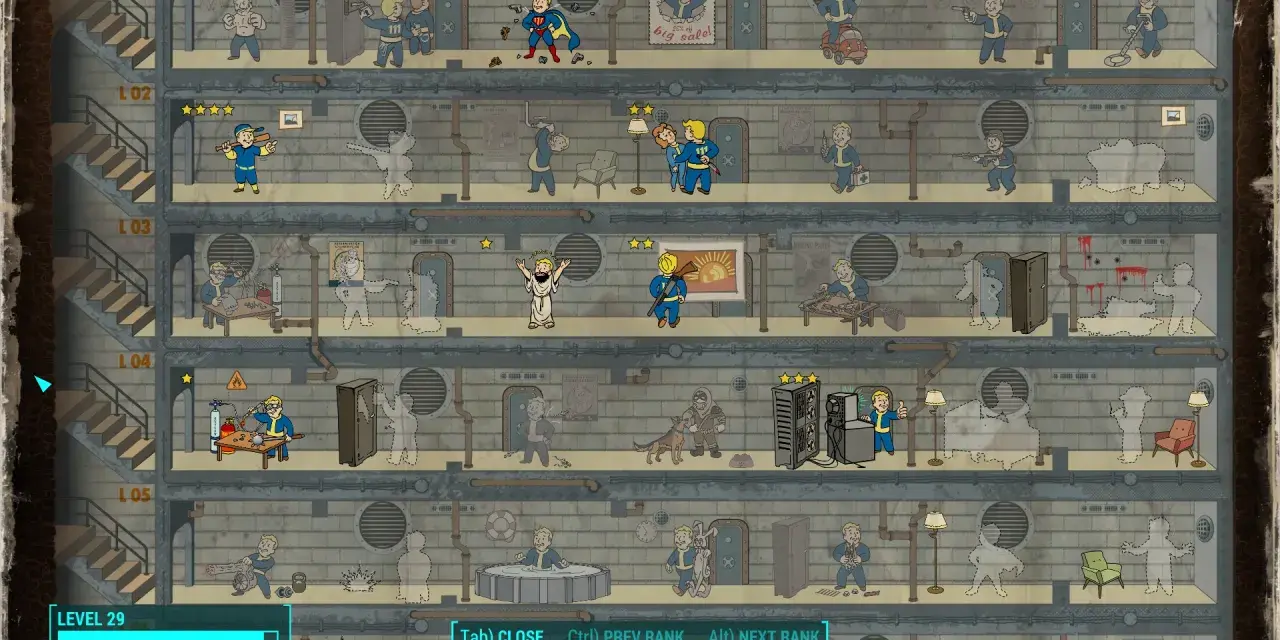 Habitantes de un refugio de Fallout 4, algunos con habilidades especiales, como un superhéroe y un santo.