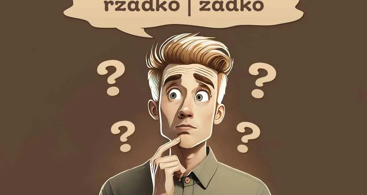 Zamyślony mężczyzna z pytajnikami wokół głowy zastanawia się, czy coś jest rzadko, czy żaden.