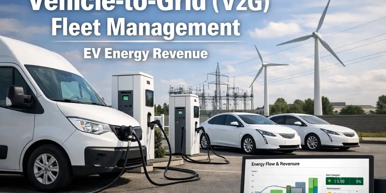 Elektryczne samochody i van podłączone do ładowarek, w tle wiatraki i linie energetyczne. To przyszłość telematyki w transporcie i zarządzania flotą EV.
