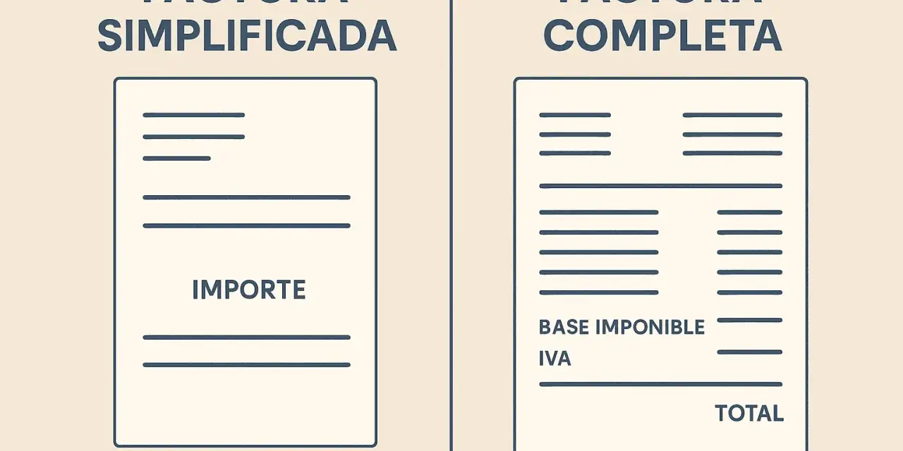 Comparación visual: factura simplificada o ticket con solo importe, frente a factura completa con base imponible, IVA y total.