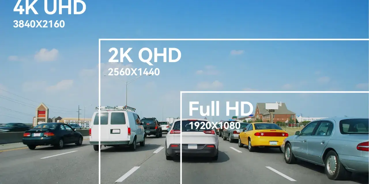 Autostrada z samochodami, z nałożonymi ramkami i napisami: 4K UHD, 2K QHD, Full HD.