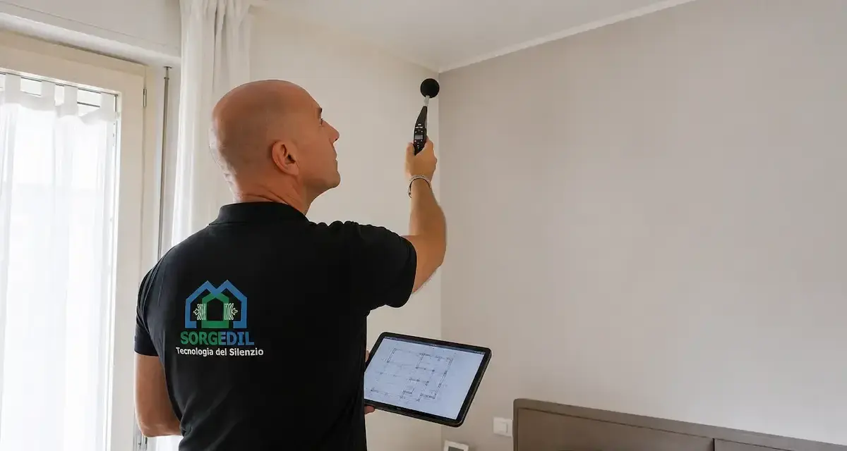Tecnico misura rumore in appartamento per valutare l'isolamento acustico.