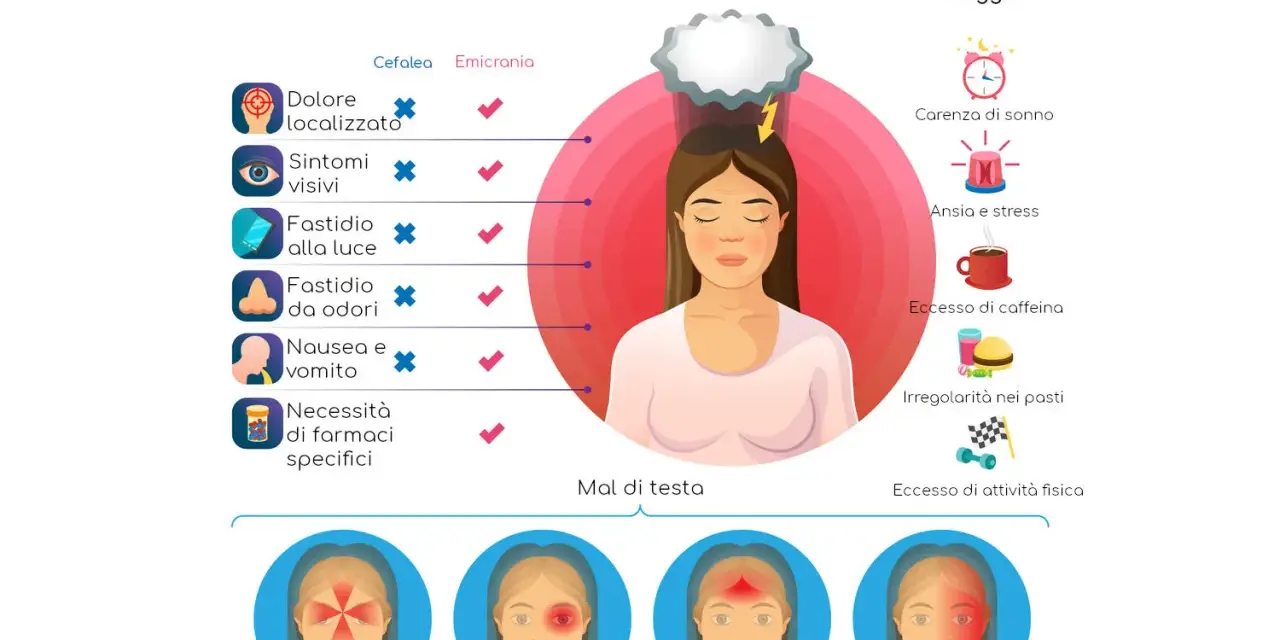 Illustra la differenza tra emicrania con aura e senza aura, con sintomi e trigger.