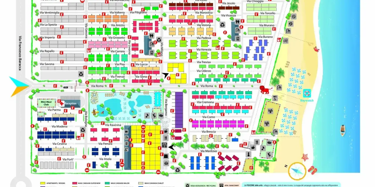 Mapa **camping residence village** z podziałem na ulice i rodzaje zakwaterowania, z widokiem na plażę i morze.