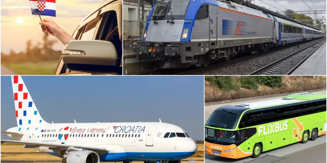 Różne środki transportu na wakacje do Chorwacji: ręka z flagą, pociąg, samolot Croatia Airlines i zielony autokar Flixbus.