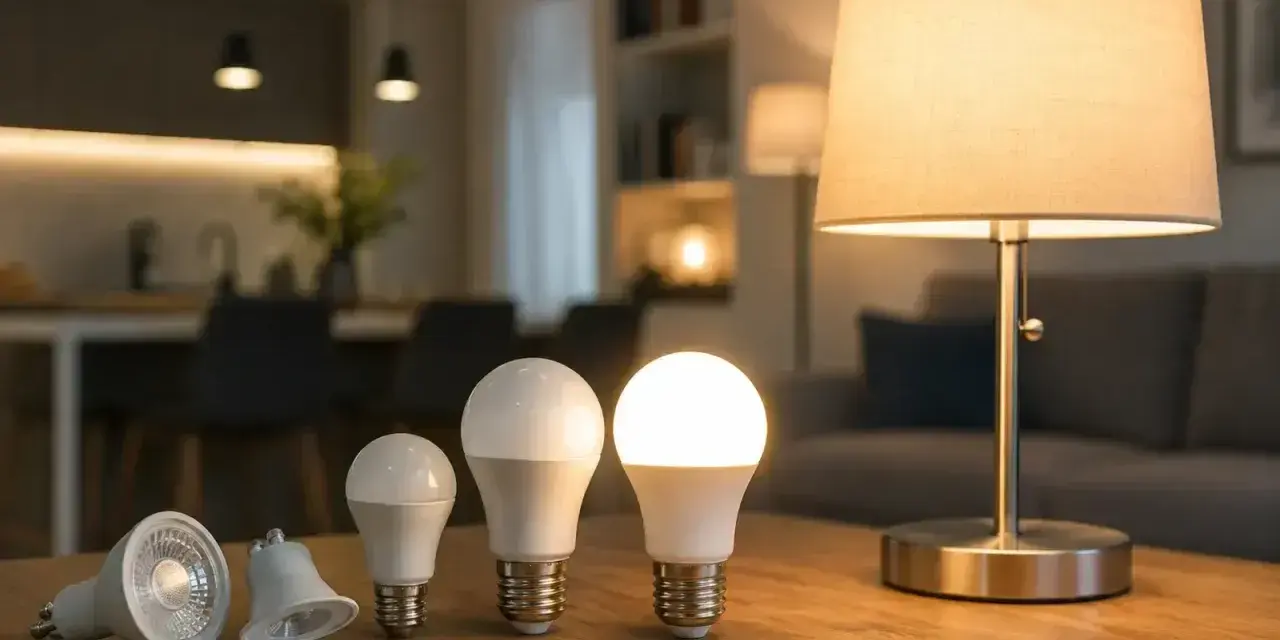 Różne rodzaje żarówek LED na drewnianym stole, od reflektorowych po kuliste, obok zapalonej lampki.