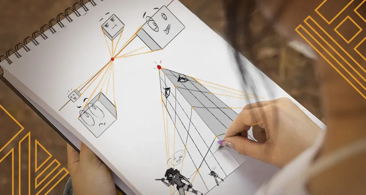 Une main dessine une **peinture perspective** dans un carnet, montrant des cubes avec des visages et des personnages dans un exercice de style.